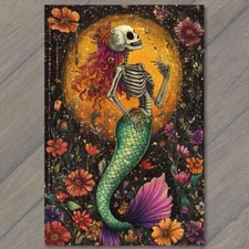 4x6" Mermaid Skeleton Vibrant Flowers Full Moon Fantasy Colorful Skull