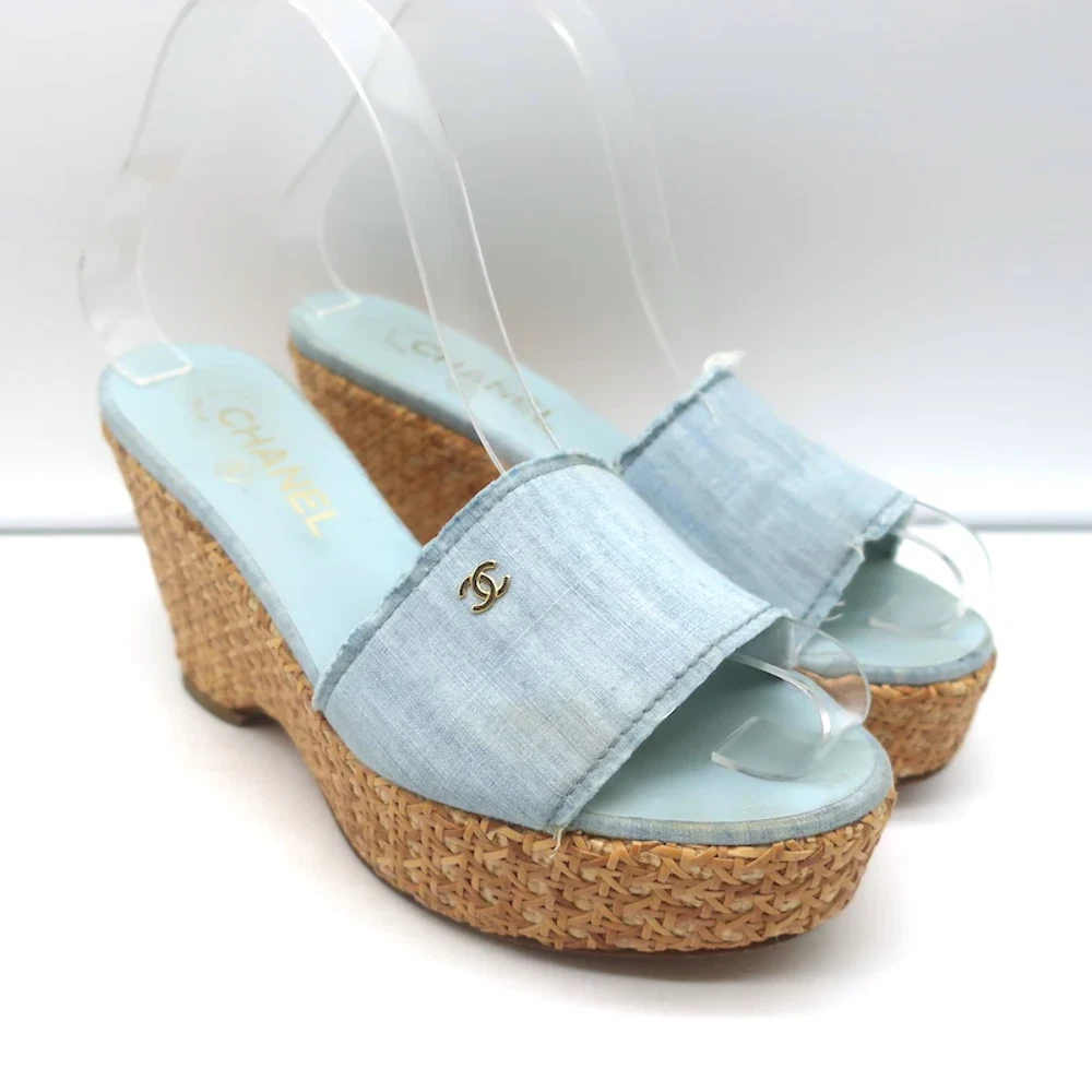 Chanel Light Blue Denim Raffia Platform Wedge Ankle Strap Sandals