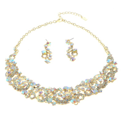 Gold Tone Metal Rhinestone Necklace Earring Set S19496-GAB | eBay