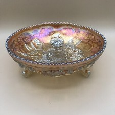 Imperial Lustre Rose Amber-Purple Iridescence Carnival Glass footed Bowl.