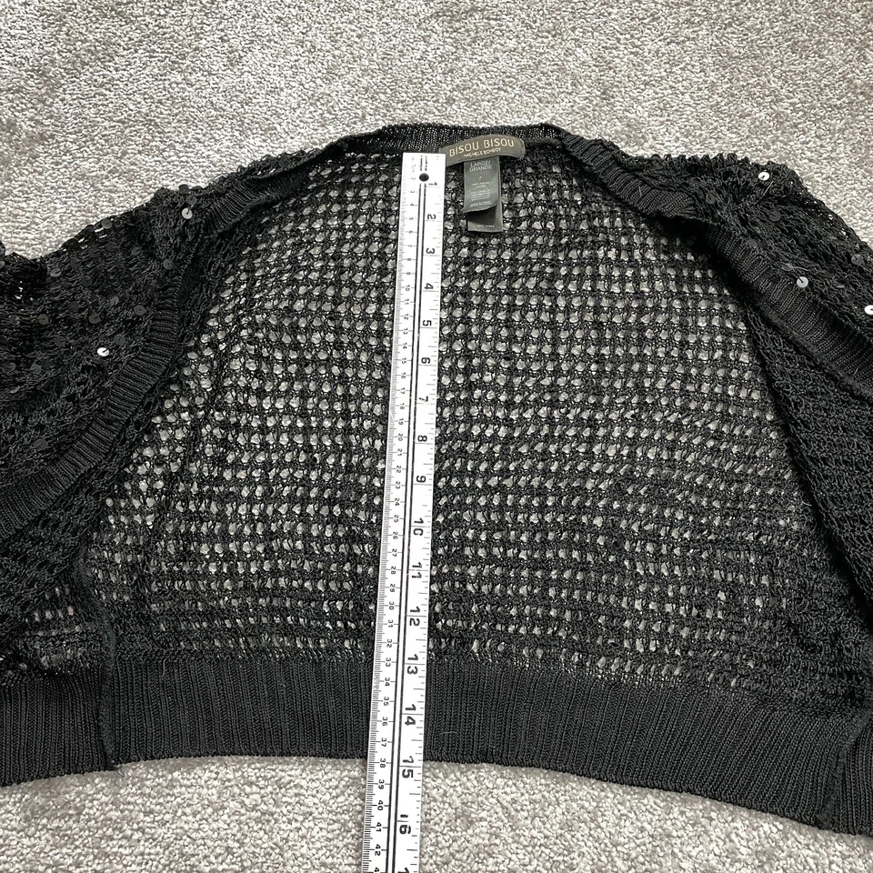 Bisou Bisou Michele Bohbot 短毛衣女式大号黑色针织耸肩亮片 — 第 2/4 张图片