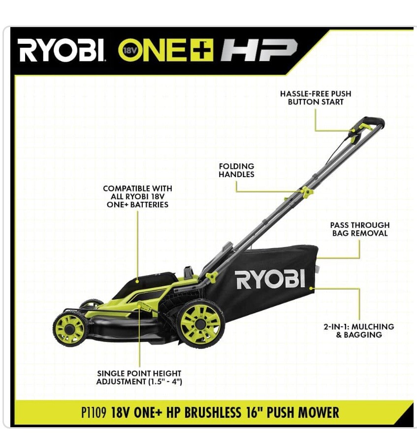 RYOBI ONE+ 18V Brushless 16 in Cordless Battery Walk Behind Lawn Mower/Tool  Only