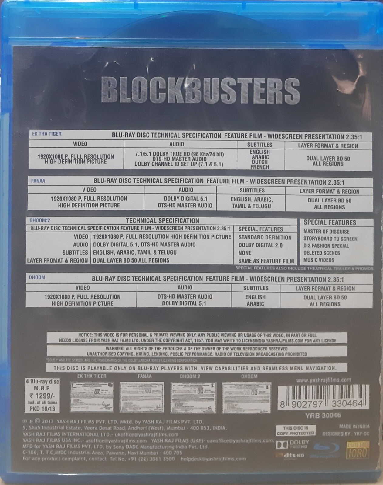 Blockbusters Bollywood Hindi Movie Bluray (Set Of 4 Boxset) Region Free ...