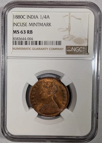 1880C Indian India 1/4 Anna Incuse Mintmark NGC MS63 RB