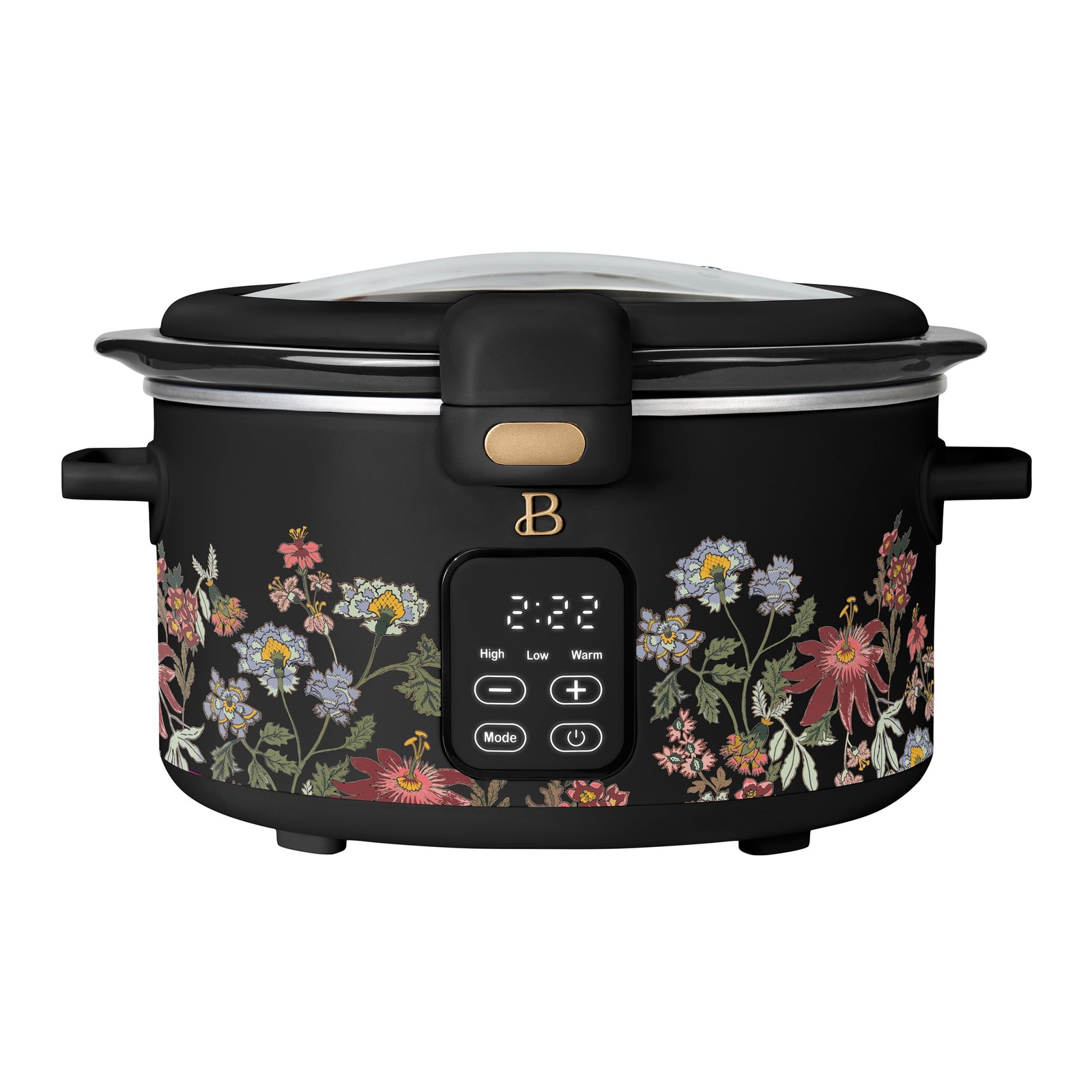 4 Qt Digital Slow Cooker with Hinged Locking Lid Wildflower Black Drew Barrymore