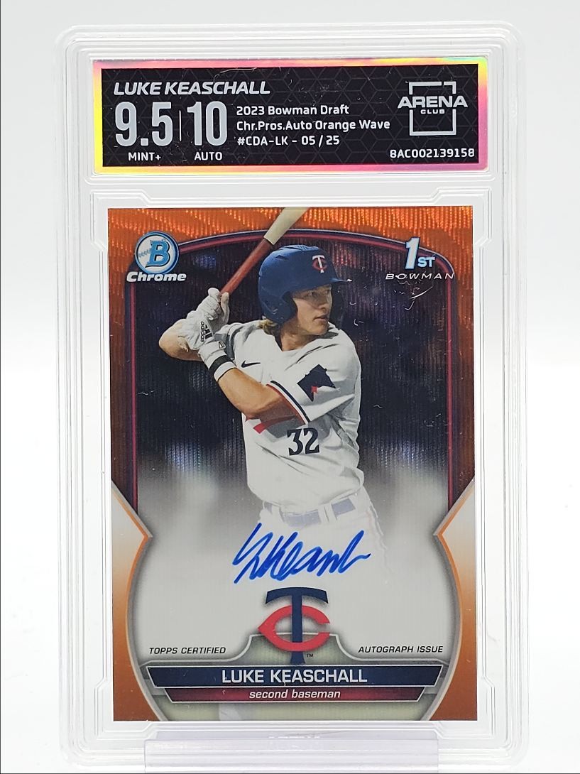 LUKE KEASCHALL 2023 BOWMAN CHROME DRAFT 1ST ORANGE WAVE AUTO /25 AC 9.5 Q0338