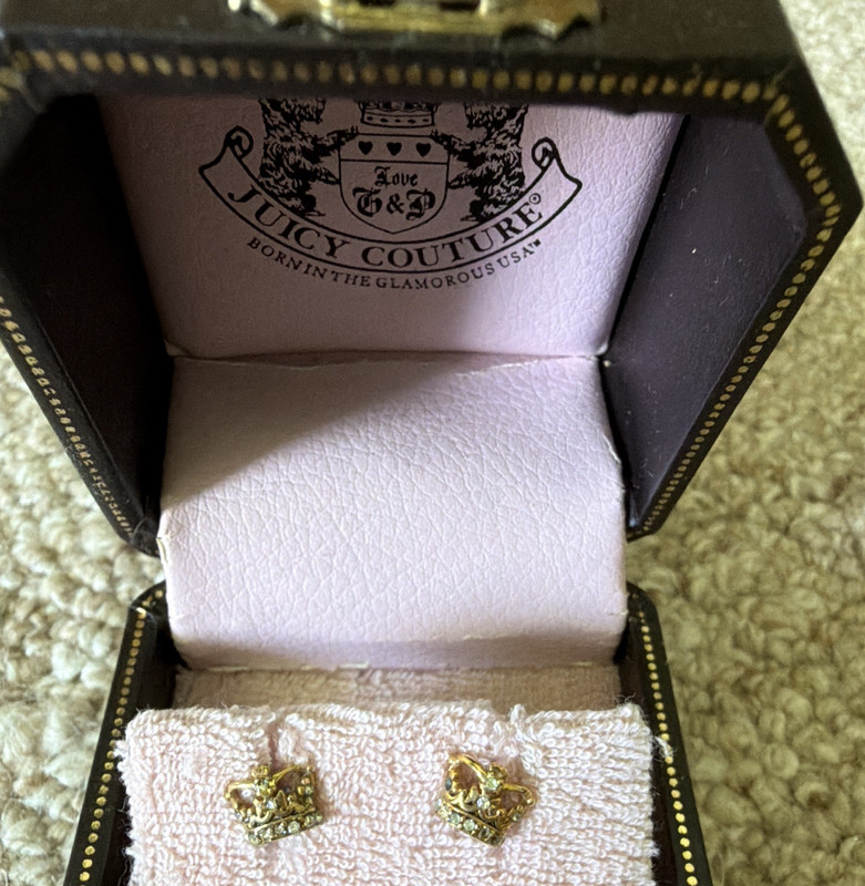 NEW Juicy Couture Crown Stud Earrings Gold Crystal 
