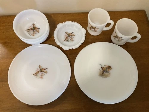 VTG Fire King Milk Glass Game Bird Set 4 9" Plates 2 Bowls 2 Mugs 1 Ashtray