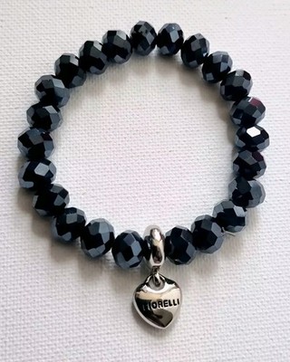 Bracelet Fiorelli Quartz Crystal Beads Black Silver Heart Charm Love Goth Gift 