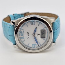 Stauer Women Analog Digital Watch 35MM White Dial Blue Leather Bands New Battery