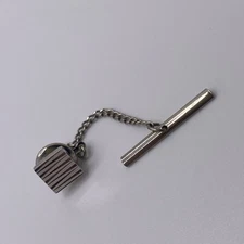 Signed Swank Simple Silver Tone Etched Line Design Square VTG Tie Tack And Chain