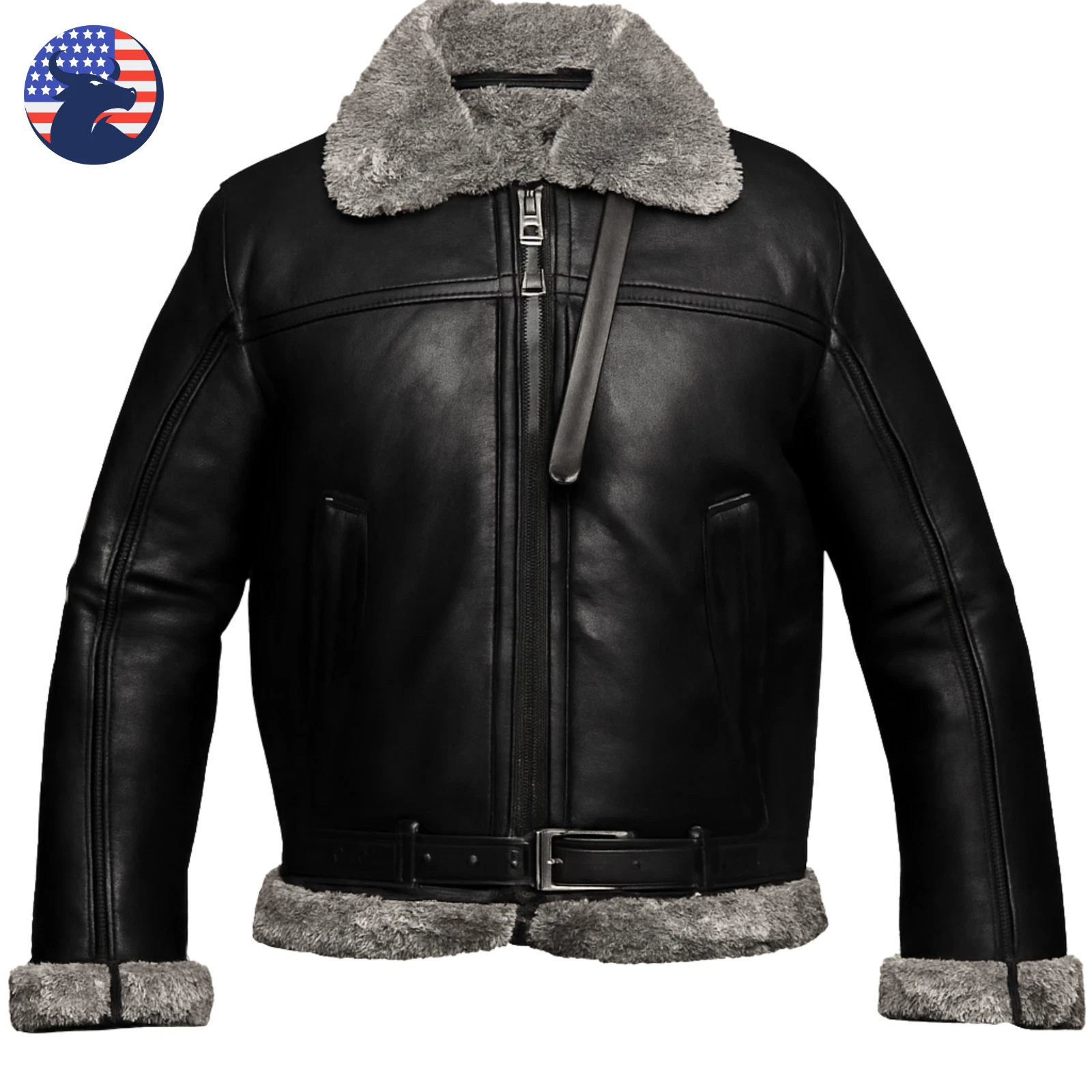 Men's Aviator Black Shearling Sheepskin Gray Fur Leather Biker Motorcycle Jacket