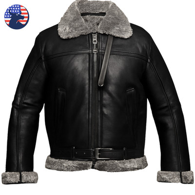 Men's Aviator Black Shearling Sheepskin Gray Fur Leather Biker Motorcycle Jacket