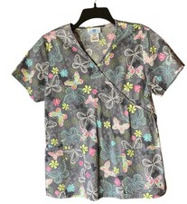 SB Scrubs Scrub Top Women's Small Gray w/ Butterflies Pre-loved - Some Pilling