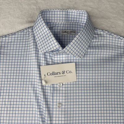 Collars and Co Polo Mens Medium - Thin Blue Check - Semi Spread Collar Brand New