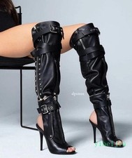 Women's Gladiator Knee High Boots Peep Toe Sandals Shoes Buckle Zipper Stilettos