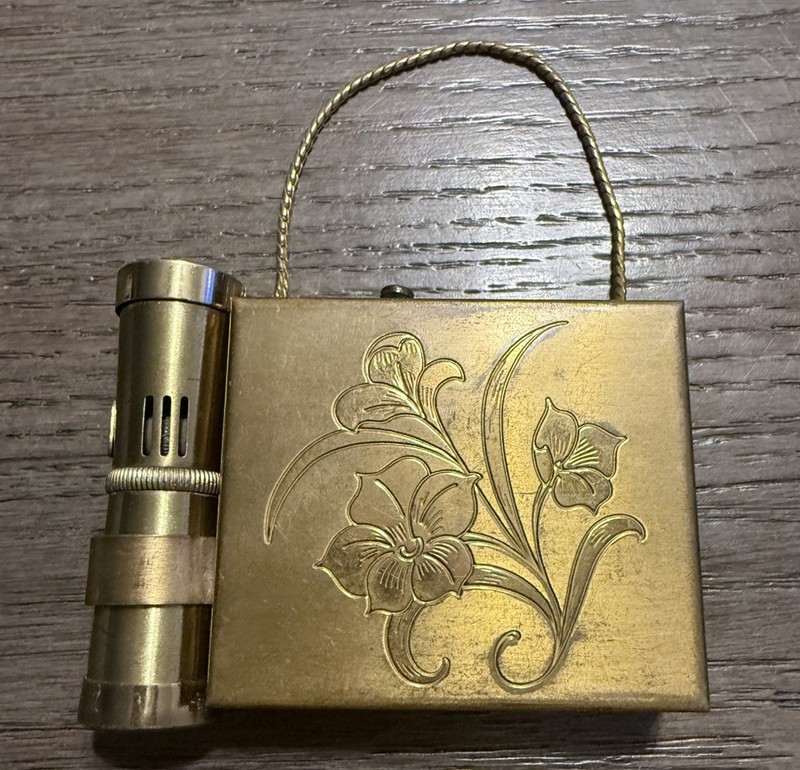 Vintage Gold Toned Compact Purse - Face Powder, Cigarette Holder and Lighter 