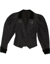 Vintage Womens Crop 2 Button Blazer Jacket Uk 4 Xs Black Floral Bm13