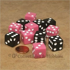 NEW Set of 12 Pink & Black Dice 16mm 5/8 inch RPG Bunco Board Game Six Sided D6