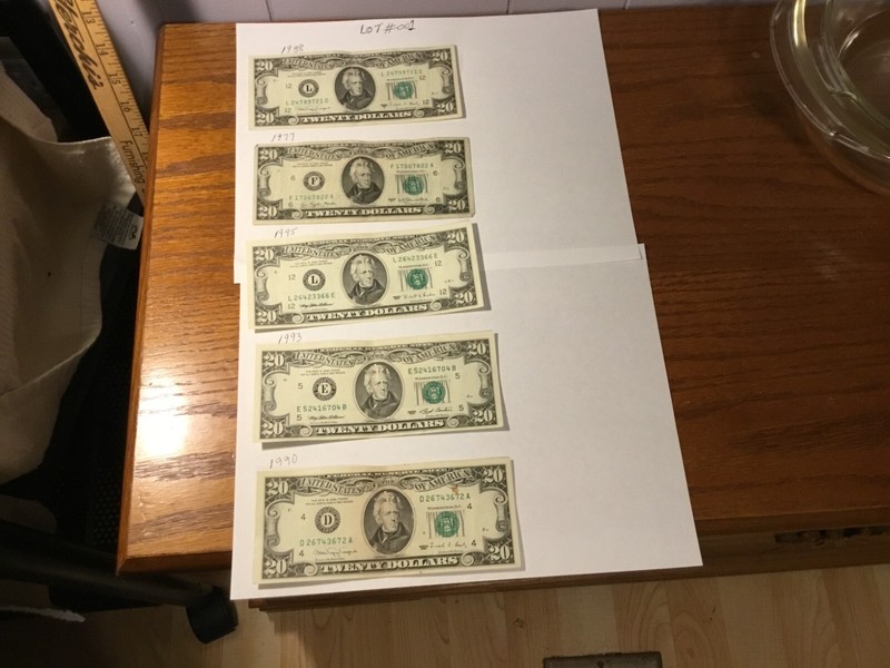 20 Dollar Bills (Lot of 5) Vintage Small Face 70s/90s Notes  $100 Face Value