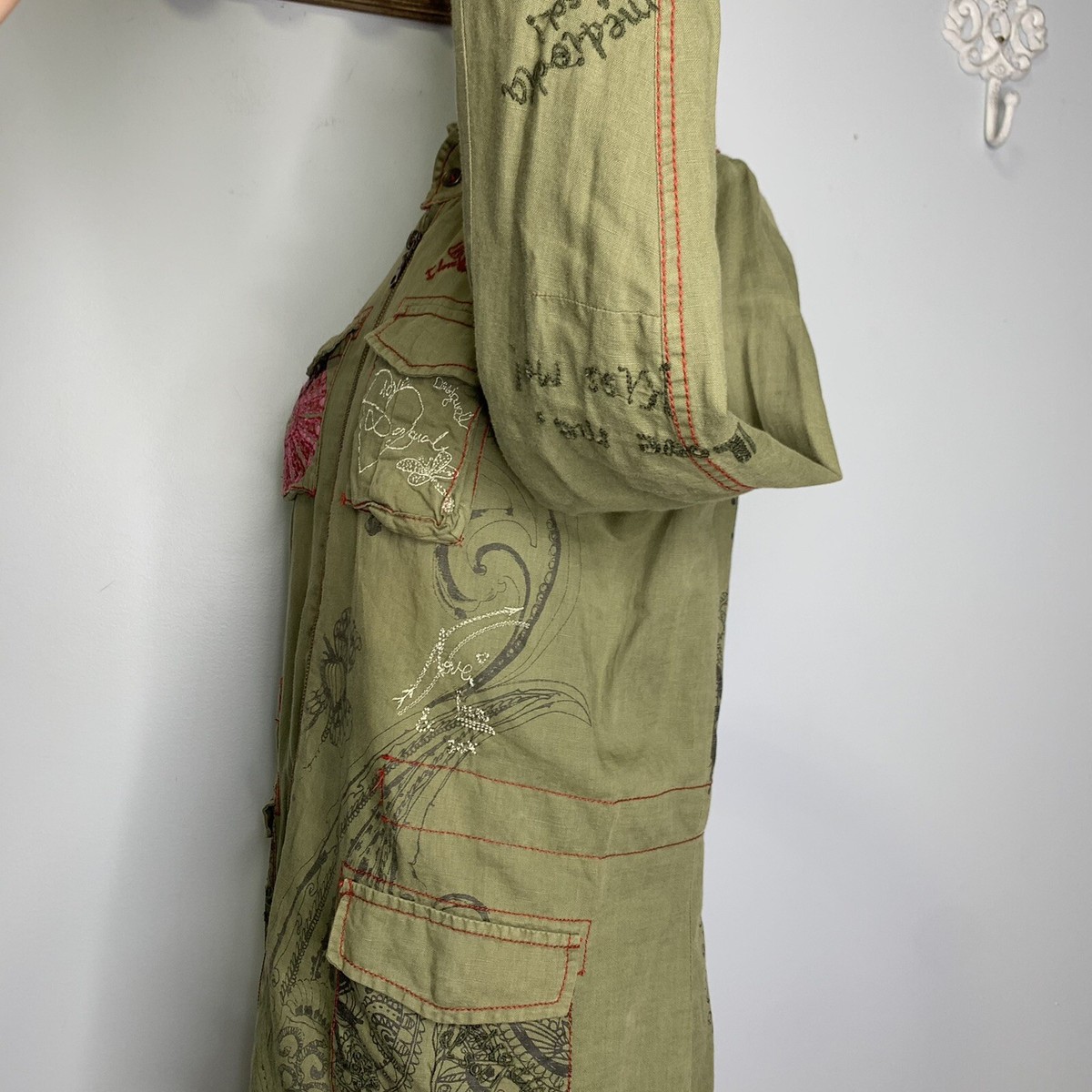 Desigual Green Linen Blend Embroidered Drawstring Zip Hooded