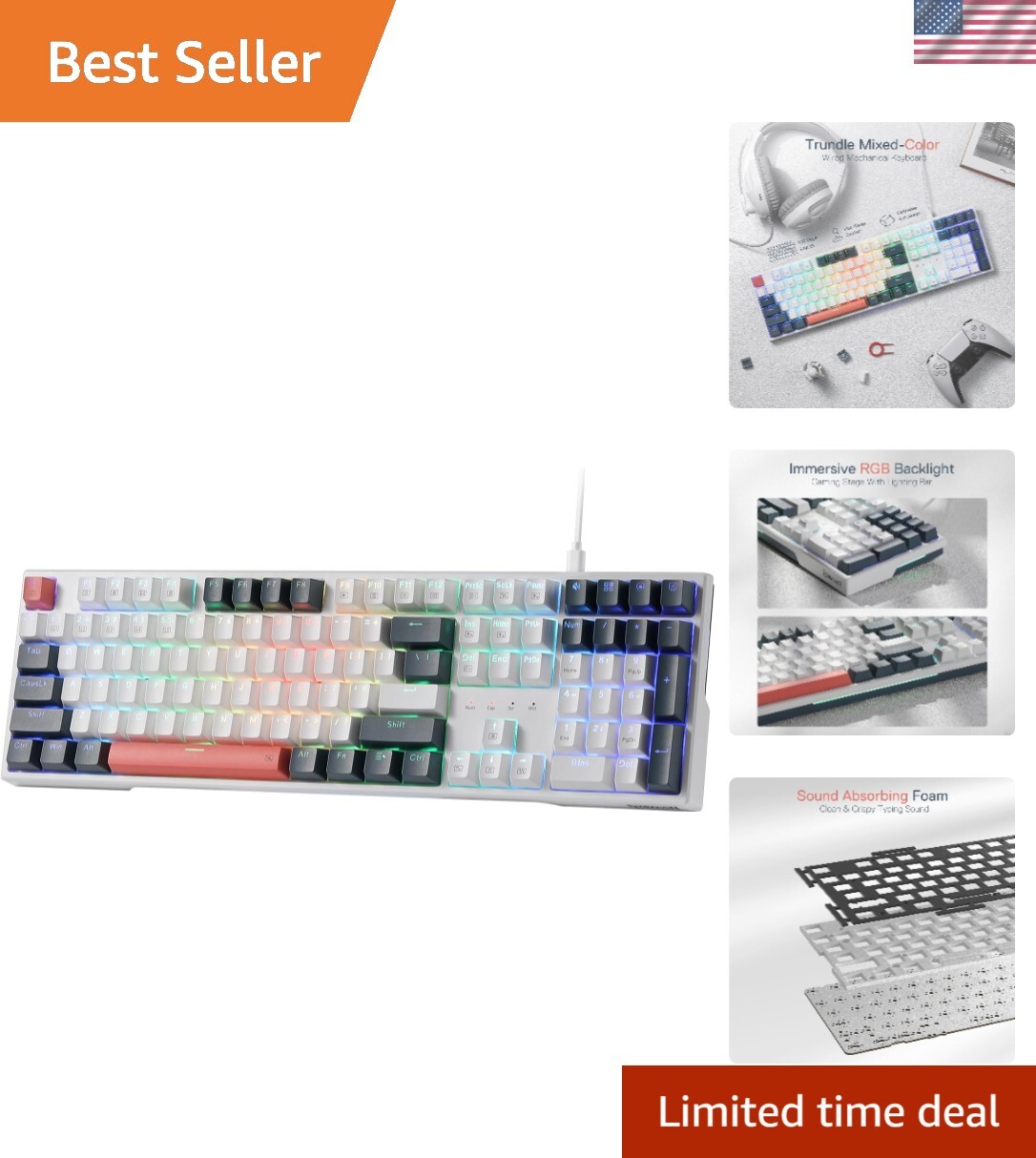 RGB Gaming Keyboard with 104 Keys and 4 Extra Hotkeys - Wired Mechanical Keyboard for Enhanced Gaming Performance-image