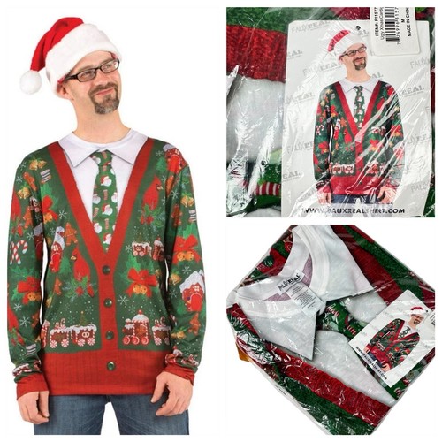 NWT Ugly Christmas Adult Cardigan Tie T-Shirt Mens Medium Holiday Faux Real - Bild 1 von 5
