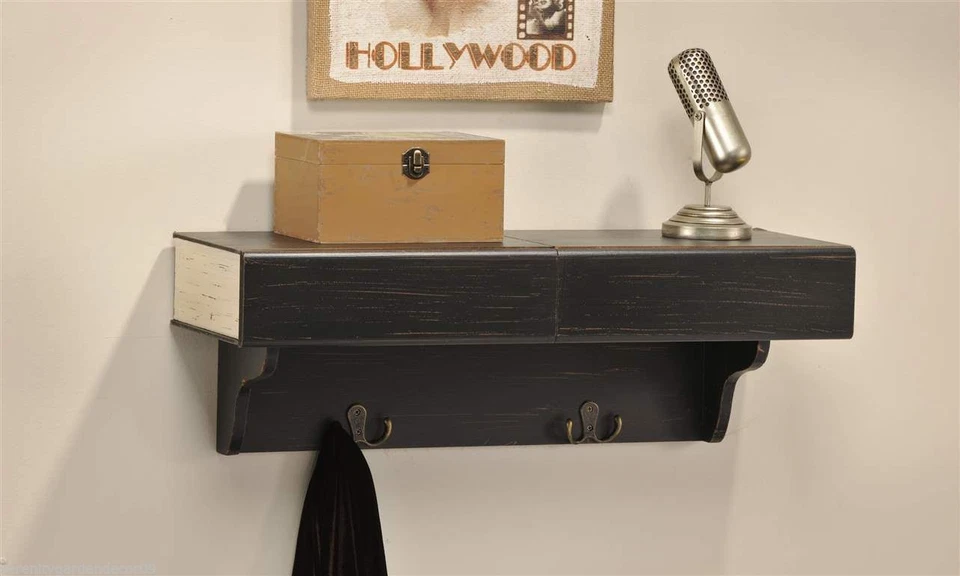 Wall Shelf with 2 Drawers and 2 Metal Hooks 23" Long Weathered Black Home - Image 2 of 2