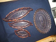 #2 "DEPRESSION GLASS" BUTTON & BOWS ,, 3 RELISH TRAYS  SEE BELOW