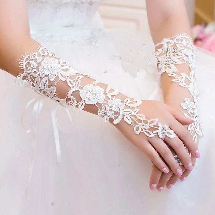 BLANC - Gants Blancs Courts en Dentelle et Strass pour Femme