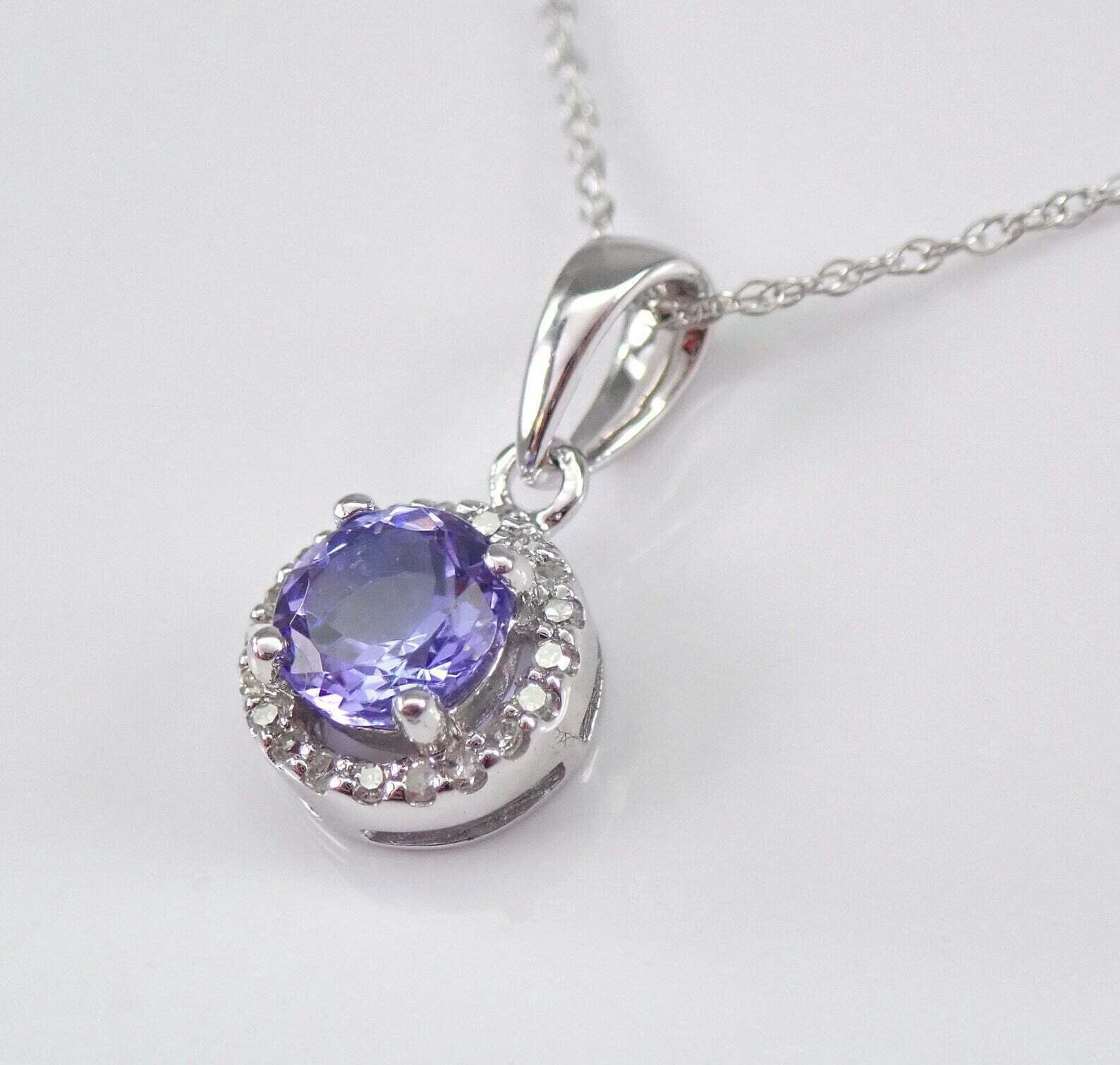 2Ct Round Cut Blue Tanzanite Halo Pendant Solid 14K White Gold Finish Free Chai