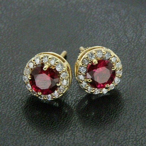 2 Ct Round Cut Lab Created Red Ruby Halo Women's Earrings 14K Yellow Gold Plated - Picture 4 of 5