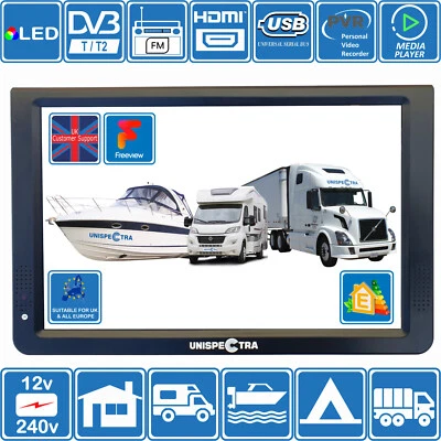 UNISPECTRA 12" pollici 12V e 240V LCD TV HD Freeview sintonizzatore FM radio USB & PVR camper barche