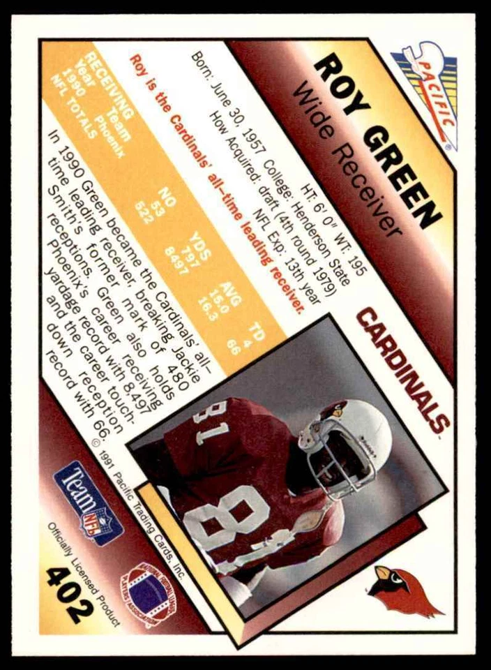 1991 Pacific. Roy Green . Phoenix Cardinals #402 - Image 2 of 2