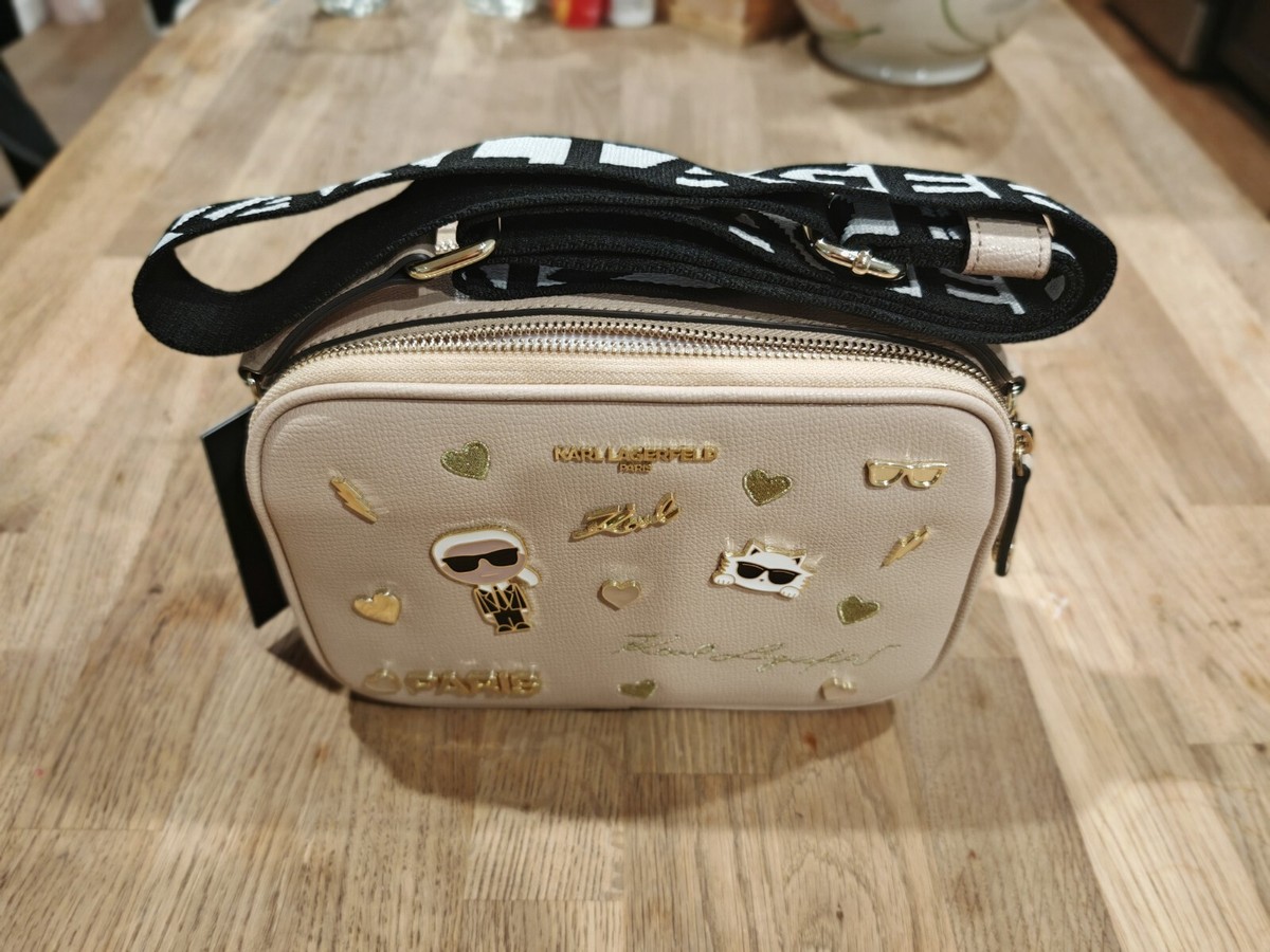 KARL LAGERFELD PARIS Maybelle Beige Black Web Crossbody Strap Bag