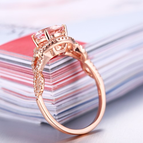 Solid 10K Rose Gold 1.4CT Morganite Round 7mm H Diamonds Gemstone Luxurious Ring - Picture 9 of 10