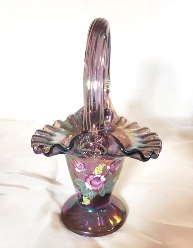 Fenton Art Glass Purple Iridescent Basket Hand Painted 95 Anniversary Nancy