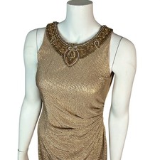 David Meister Cocktail Dress 6 Gold Metallic Beaded Retro Regency Glam Princess