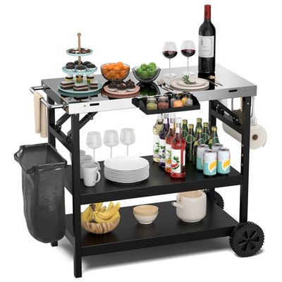 3-Shelf Movable Grill Cart Table Home & Outdoor Multifunctional Stainless Steel
