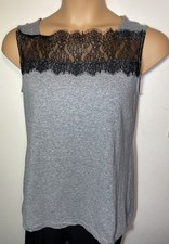 Cabi tank top 3815 Lacey tee gray knit black lace trim size M