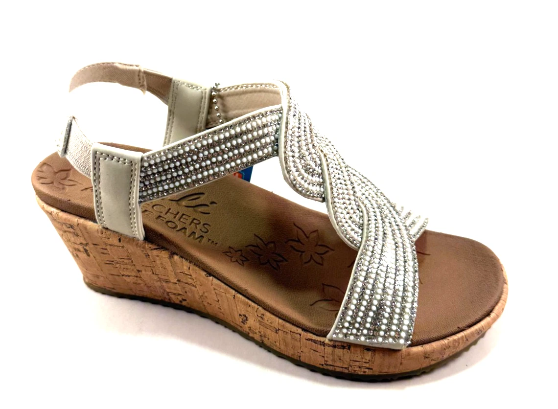 Cali from Skechers 120100 Off White Luxe Foam Mid Wedge Embellished Sandal