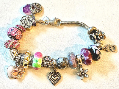 18 Pink Pandora Trollbeads + Mixed Makers Sterling Silver Charms Bracelet Floral