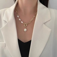 14 mm South Sea Natural White Baroque Pearl Pendant 18K Gold P Rectang Chain 18"