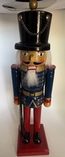 14  Wooden Christmas Toy Soldier Nutcracker Blue Uniform Faux Fur Beard