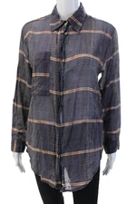 Isabel Marant Etoile Women Plaid Cotton Collared Button Up Top Dark Blue Size S