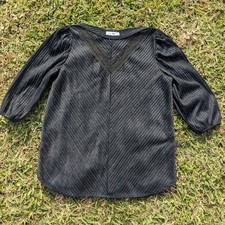 Vintage 70s Metallic Stripe Top M Sheer Black Chevron Lace 3/4 Puff Sleeve Disco