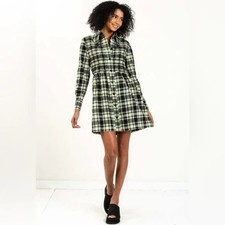 Ganni Yellow, Black, Light Blue Plaid Seersucker Mini Dress Dagger Size 34 S