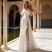 Elegant White Satin Off Shoulder Wedding Dresses Lace-up Back Bridal Gowns
