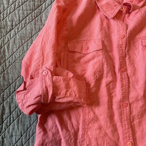 Camicia donna Liz Claiborne XL lino cotone bottoni davanti rosa maniche a linguetta a rotolo - Foto 4 di 10