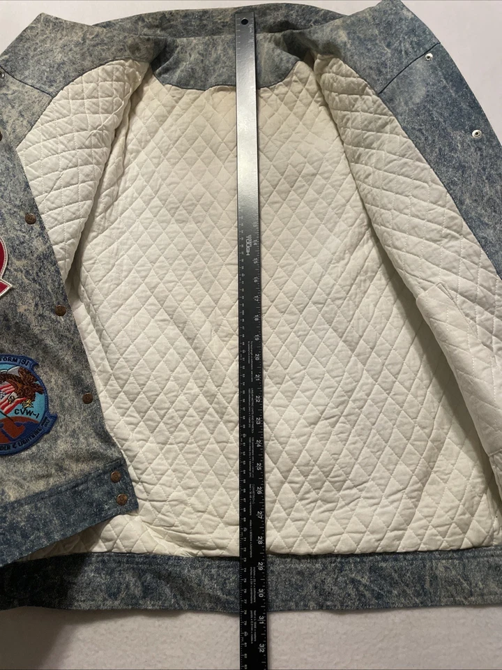 Vintage 90’s Desert Storm Custom Bomber Denim Jean Jacket Navy Military Patches - Image 3 of 4